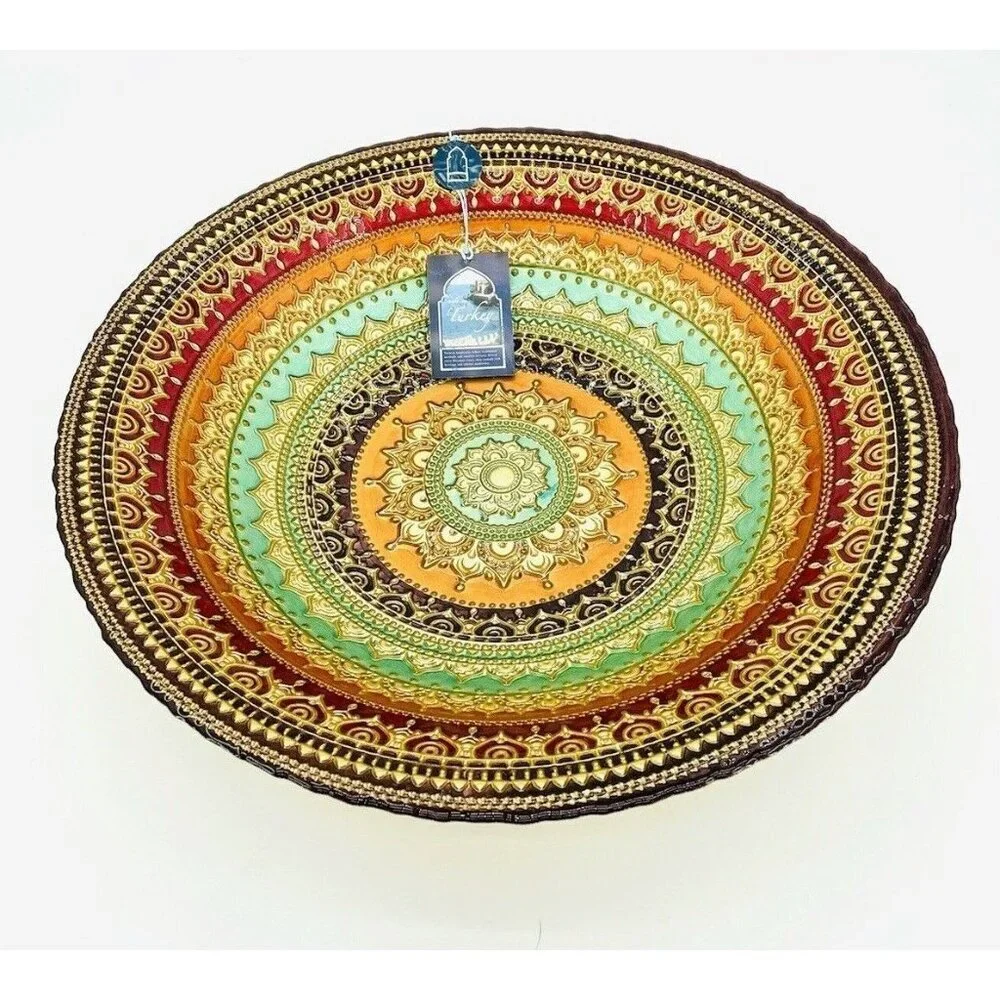 Turkish Glass Round Bowl Dinner Display Gold Oriental Lace 16” W 3” D